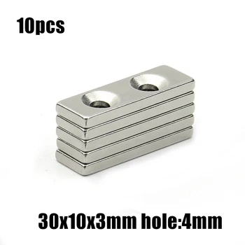 10шт дупка 30x10x3 мм: блок с двоен отвор 4 мм NdFeB Неодимовый Магнит N35 30x10x3-4 мм Супер мощни Постоянен магнитен