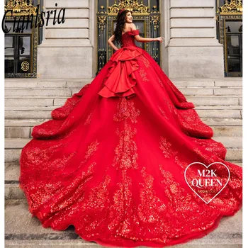 2023 Блестящо червено бална рокля Буйни рокли 2023 Дантелени апликации от мъниста Хубава рокля 16 с открити рамене Рокля за рожден ден