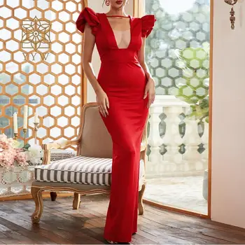 2023 Елегантна темпераментное рокля за абитуриентски бал с рюшами и пищни ръкави, червено женствена рокля на Русалка, выпускное рокля, модни официални рокли за партита