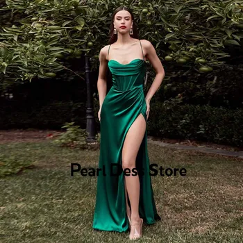 2023 Изумрудено Зелено Дълга рокля за абитуриентски бал с прерязано, Секси презрамка, Меко Атласное Вечерна рокля, Robe De Soiree, Цип отзад
