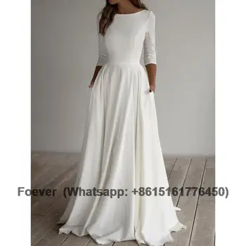 2023 Сатен за сватбени рокли с волани от еластичен крепа, Широки ръкави с дължина 3/4, сватбената рокля на пода