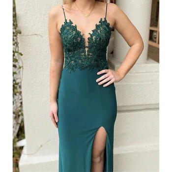 2023 Секси рокли за бала на спагети презрамки, с дълбоко V-образно деколте, апликация с висока цепка, рокля за бала, Вечерна рокля Vestido Fiesta Noche