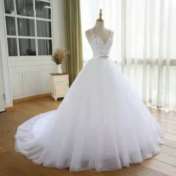 Ashely Alsa снимка на Бална рокля Сватбена рокля с V образно деколте и расшитой мъниста талия на Булчинската рокля на Булката Vestido De Noiva Robe De Mariee Евтино