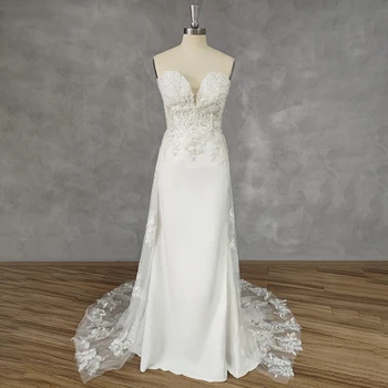 DIDEYTTAWL снимка Елегантна сватбена рокля Русалка рокля без презрамки с V-образно деколте, преносимо сватбена рокля със завързана влак, илюзия на гърба, сватбена рокля
