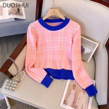 DUOJIHUI, сладък Класически свободни меки дамски пуловер с кръгло деколте, есента контрастен цвят, ефектен каре прости ежедневни модни дамски пуловери