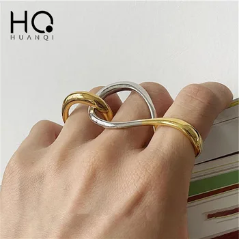 HUANQI Контрастен цвят Пръстен на Мьобиус Форма Линия Дизайн Метални пръстени за жени, Мода за момичета Уникални са нередовни бижута Подаръци INS New