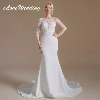 ILoveWedding 100% Реални снимки на Сватбени рокли на Русалка с кръгло деколте и дълги ръкави, дантелен сватбени рокли с аппликацией, Сатен за сватбени престилки