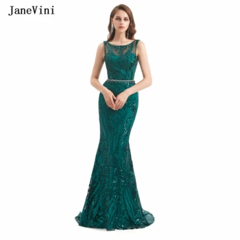JaneVini / дамски официални рокли на русалка от Дубай с блестящи зелени искри 2022, секси вечерни рокли, с кръгло деколте, бродирани с мъниста, без облегалка