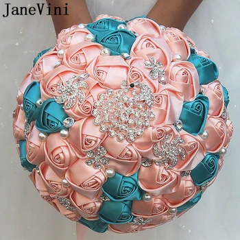 JaneVini Луксозни Булчински букети от розов кристал, украсени с мъниста, Сатенени Рози, Изкуствен кристал, Букет цветя за младоженци De Marie