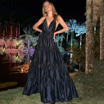 JEHETH Секси вечерна рокля трапецовидна форма с дълбоко V-образно деколте, Елегантна черна атласное рокля Vestidos De Noche на спагети презрамки и без ръкави за бала.