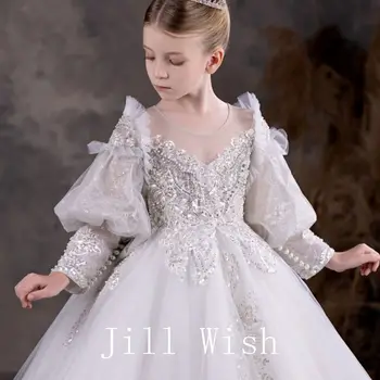 Jill Wish Луксозни Бели рокли за момичета-цветочниц, бродирани с мъниста и перли, Бална рокля на принцеса за деца, сватба, рожден Ден, театрално представление J120