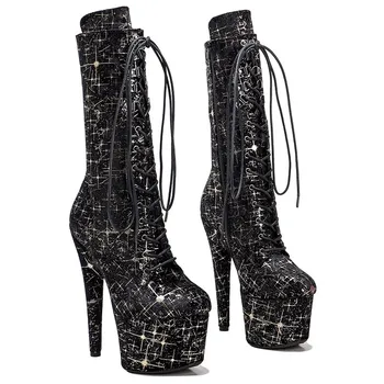 LAIJIANJINXIA/ Нови Черни обувки от изкуствена Кожа, с горна част 17 см/7 инча, Дамски официални обувки на платформа и висок ток, Модерните обувки за танци на един стълб 073