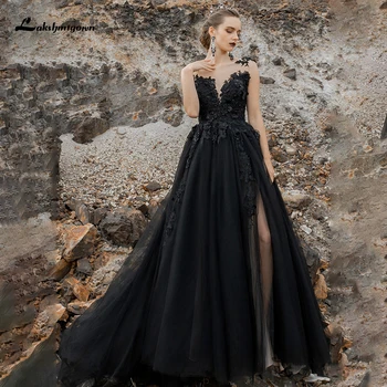 Lakshmigown Черни Готически сватбени рокли 2021 с кружевными апликации и висока облегалка с прерязано Секси сватбени рокли vestido de новия Robe Mariee