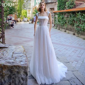 LORIE Blush Розови сватбени рокли с пайети, блестящи Широки презрамки, Трапециевидные сватбени рокли без презрамки, рокля на булката принцеса впечатлява със своя бохемски стил 2023 г.