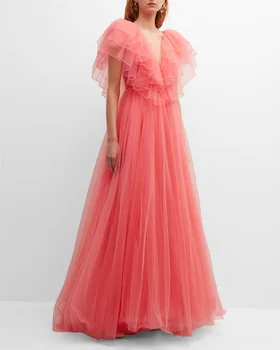 OIMG Елегантни розови рокли за абитуриентски бал, ръкави с волани, дълбоко V-образно деколте, дължина до пода, Тюлевые Прости вечерни рокли трапецовидна форма, вечерна рокля за парти