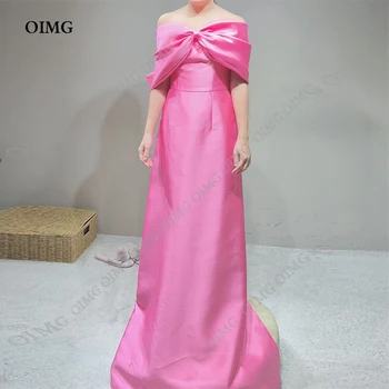 OIMG Ярко Розово Корейски Сатенени вечерни рокли с отворени рамене и лък по поръчка, рокли за абитуриентски бал, рокли на знаменитости за официални събития, Елегантни рокли