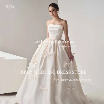 XPAY Уникално атласное елегантна бална рокля с бантиком, апликации, гънки, сватбени рокли, фотосесии, булката рокля без ръкави с отворен гръб