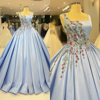 Yipeisha Ретро Квадратно бална рокля с дължина до пода рокля с аппликацией от сатен с кристали, Индивидуални рокли