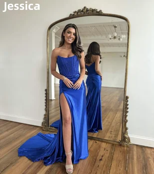 Абитуриентски рокли Jessica Royal Blue, секси вечерни рокли от сатен без презрамки с бродерия 2024, Vestidos De Noche, облекло за сватбеното парти
