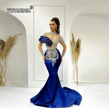 Абитуриентски рокли Кралско синьо русалка, бродирани с мъниста в арабския Дубай, вечерни рокли за сватбени тържества с високо воротом, Vestidos De Noche