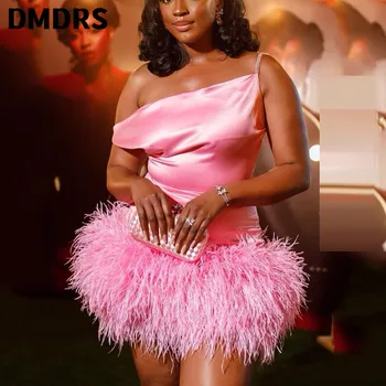 Атласное асиметрично мини рокля с открити рамене, розова рокля с едно рамо за парти по случай рождения ден На жените, сексуалното вечерна рокля