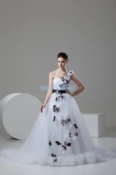 безплатна доставка 2016 дизайн гореща разпродажба индивидуален размер/цвят сватбена рокля с малък влак бяла сватбена рокля на цветя с ръчно изработени с едно рамо