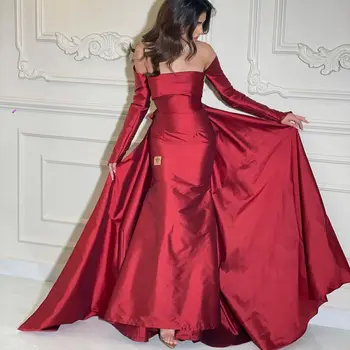 Блестящи абитуриентски рокли от червена Тафта с открити рамене, Дълги ръкави, Вечерна рокля с лък под формата на Русалки, Елегантни вечерни рокли за жени
