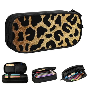 Блестящи леопардовые пеналы, Забавна кутия за писалки King Tiger, чанта за момичета и момчета, пеналы за ученици голям капацитет за съхранение с цип