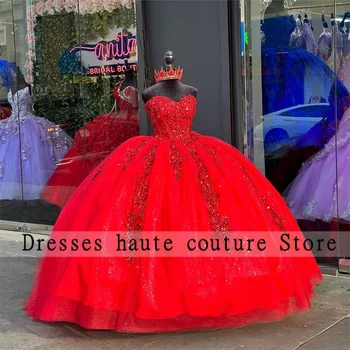 Блестящи Червени дантелени буйни рокли във формата на Сърце Бална рокля Апликации с Мъниста рожден Ден Рокля за бала Vestidos De Quinceanera