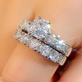 Блестящите пръстени от 2 елемента цирконии Женски Нови Модни Двойни Наращиваемые пръстени, Годежни пръстени Вечността Бижута