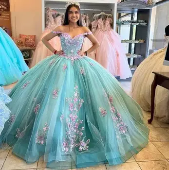 Буйни Рокли Принцеса с 3D Цветя 2023, С Открити Рамене, Апликации, Мъниста, дантела, Mexi Sweet 16, Vestidos De 15 Anos