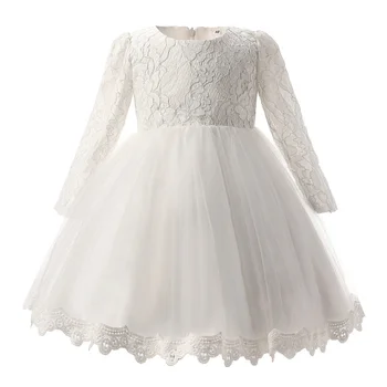 Бяла рокля с цветен модел, завързана подгъва с аппликацией и голям лък, дълъг ръкав за сватба, банкет, рожден ден, рокля за първо причастие