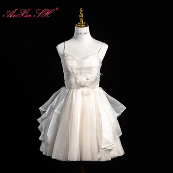 Бяло дантелено рокля-спагети на спагети презрамки AnXin SH princess, расшитое мъниста, с голямо цвете и кристали, кратко вечерна рокля дантела, Малка бяла рокля