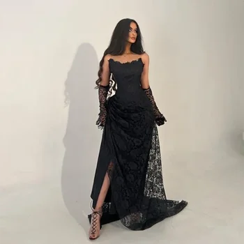 Вечерна рокля Verngo Black Русалка, Дантелено вечерна рокля с аппликацией, разреза отстрани, Секси рокли от Дубай без ръкави и презрамки за черната момичета