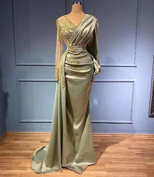 Вечерни рокли от арабски зелен сатен с V-образно деколте и дълъг ръкав, апликация от мъниста, Елегантни вечерни рокли на Русалка за бала, Vestidos De Gala