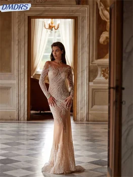 Вечерни рокли, Секси Illusion 2024 Луксозно рокля в пода с пайети, расшитое мъниста, Класическа Вечерна рокля от тюл Vestidos De Новия