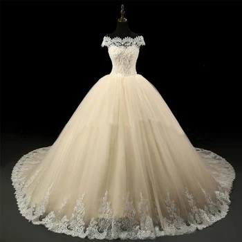 Винтажное сватбена рокля с дантела цвят Шампанско 2018 Принцеса Бална рокля с деколте лодка Сватбени рокли С дълъг влак Сватба рокли Vestidos de Noiva