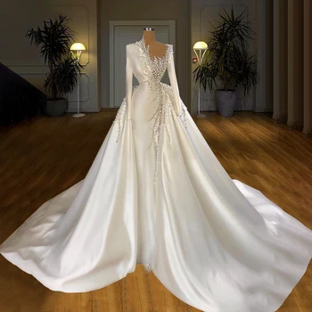 Выпускное рокля 2023 г., луксозно Бяла рокля с мъниста и перли, придворен струята, вечерни дамски халати за баня с дължина до пода с дълъг ръкав, пролет