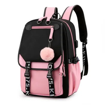 Големи училищни чанти за момичета, USB-порт, холщовая училищна чанта, чанта за студентски книги, модерен черно-розово училище раница за тийнейджъри