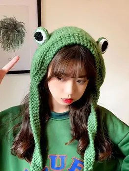 Дамска есенно-зимна шапка-жаба Вязаная вълнена шапка Корейската версия на Мода хубава шапка-жаба Защитна капачка за ушите на Окото Червена Жаба