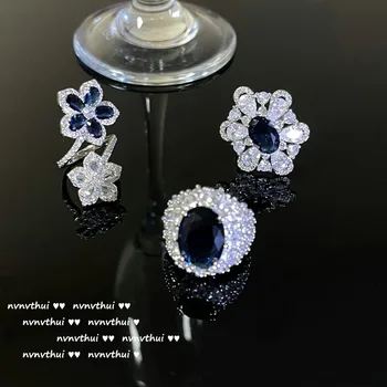 Дамски бижута S925 Сребърен пръстен AAA Пръстен със синьо цирконием във формата на женски цвете Прости сватбени декорации подарък за Свети Валентин