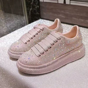 Дамски обувки Маратонки на платформа с диаманти Марка дизайнерски обувки, Дамски спортни обувки в бял цвят с кристали