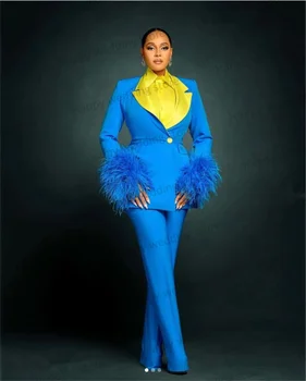 Дамски офис костюми от страусиных пера, комплект от 2 теми, жълто и синьо Сако + панталон, вечерна рокля за бала, палта на поръчка