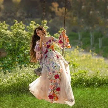Дантелено вышитое рокля за танци Djani-Принцеса с изгорени ръкав, жилетка De Noche с А-образна бродерия под формата на хубава 3D цвете