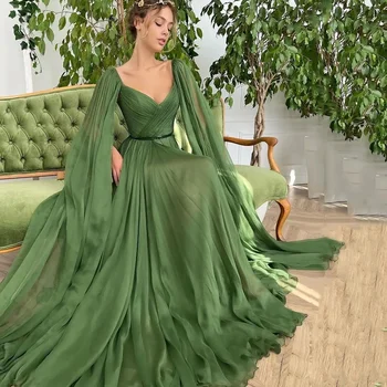 Евтини Зелени рокли за абитуриентски бал с шифоновой шал с Дълги вечерни рокли с плиссированным колан и цепка отстрани, Vestidos de Noche Gala