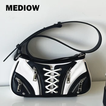 Ежедневна чанта MEDIOW за жени, луксозни дизайнерски чанти, новост 2023 г., от изкуствена мрежа, чрез шнурове, светкавица, Контрастен цвят, украшающий чанти под мишниците