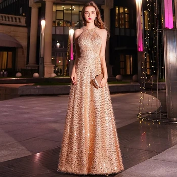 Елегантен Златен Дълга вечерна рокля, Секси дантелено рокля за абитуриентски бал, официална Празнична рокля