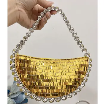 Елегантна вечерна чанта с пайети 2023, чанти с диаманти, луксозен сватбен клатч, чанти през рамо с кристали Полумесец за жени 2023