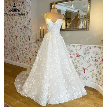 Елегантна сватбена рокля на принцеса с V образно деколте и открити рамене, напълно дантелено, 2024, на спагети презрамки, сватбената рокля на поръчка