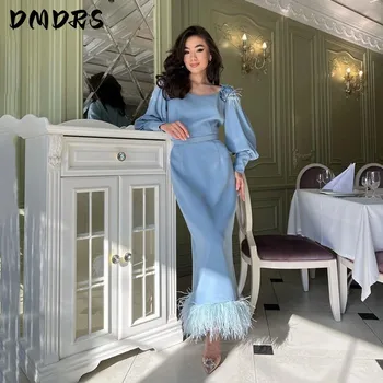 Елегантни вечерни рокли на Русалка син цвят с пищни ръкави с Дължина до щиколоток, арабски Дамски рокли за бала с пера